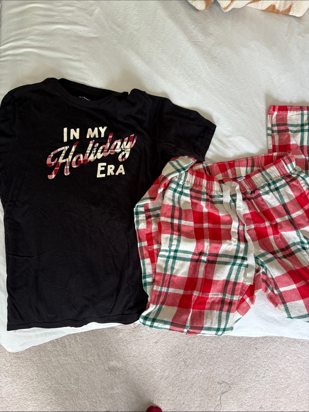 Old Navy Black Graphic Tee with Red & Green Plaid Pajama Shorts